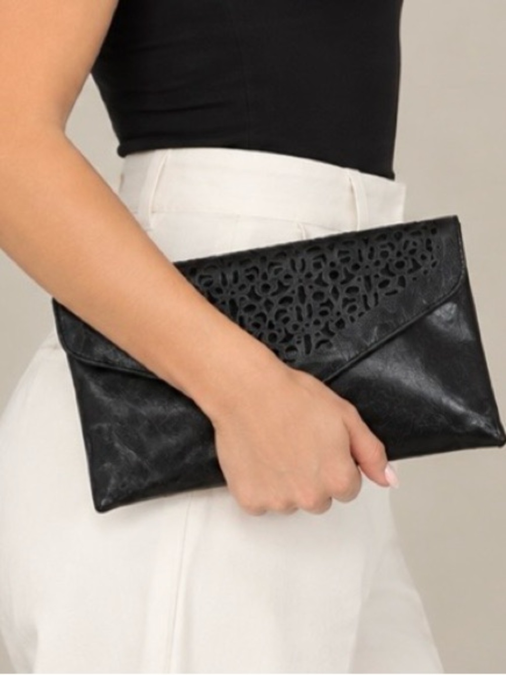 Classic Black Laser-Cut Envelope Clutch - Women Bags